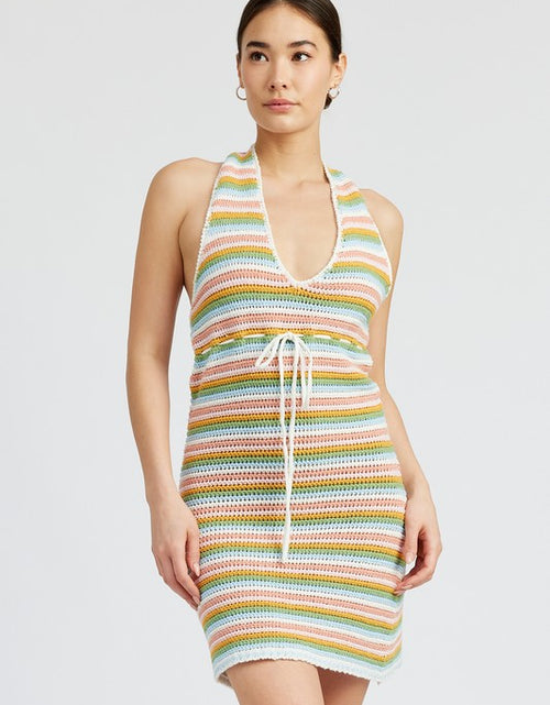 Load image into Gallery viewer, STRIPED CROCHET MINI DRESS WTIH HALTER NECK - Matches Boutique
