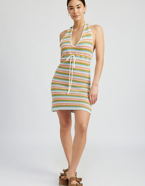Load image into Gallery viewer, STRIPED CROCHET MINI DRESS WTIH HALTER NECK - Matches Boutique
